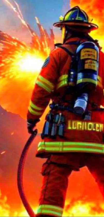 Firefighter in action with explosion background wallpaper.