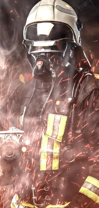 Firefighter in action with sparks and smoke, heroic scene.