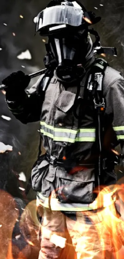 Firefighter in gear amidst smoke and fiery effects.