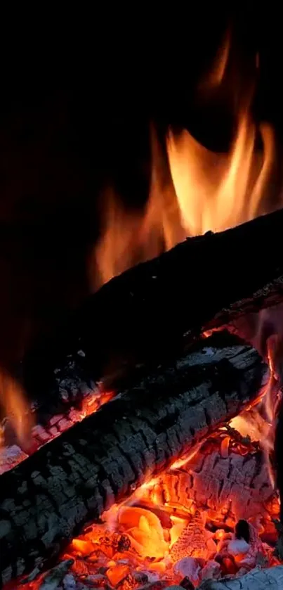 Dynamic wallpaper featuring burning firewood with vivid flames and glowing embers.