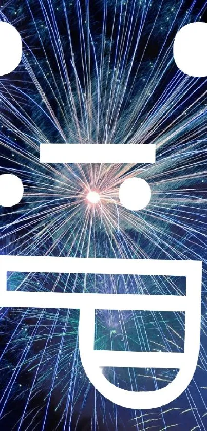 Animated face amidst vibrant blue fireworks display on mobile wallpaper.