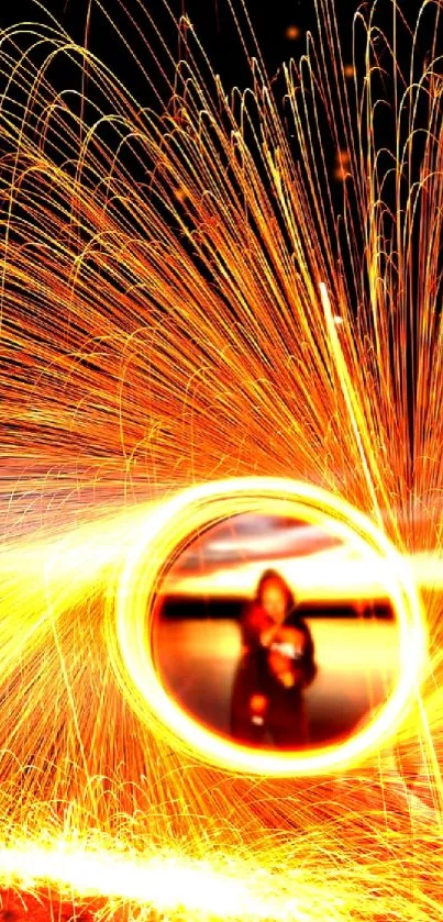 Dynamic light trails with fireworks in vibrant orange glow.