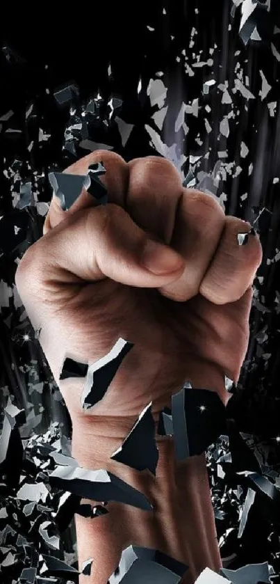 Fist breaking through glass in powerful mobile wallpaper.