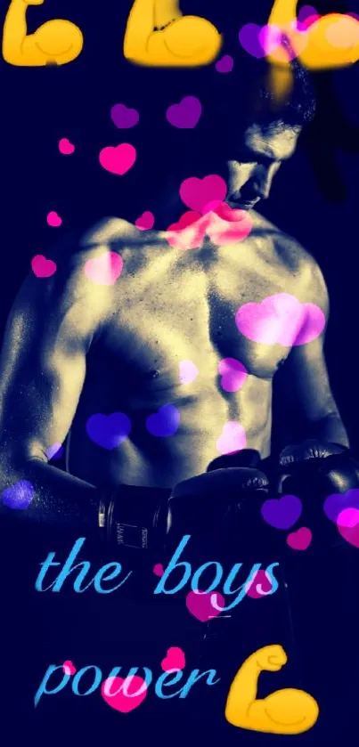Dynamic wallpaper with muscular athlete and vibrant symbols.