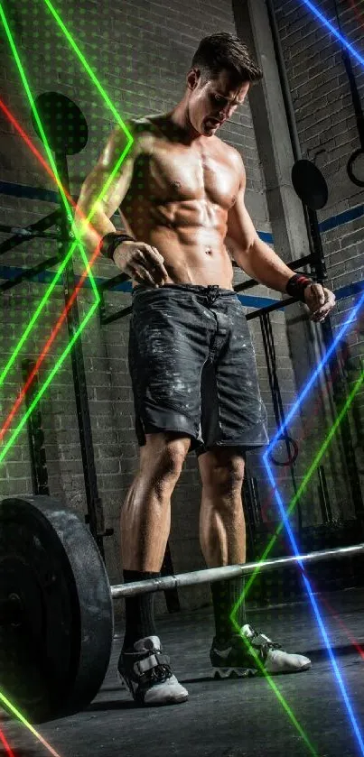 Muscular man lifting weights in gym setting.