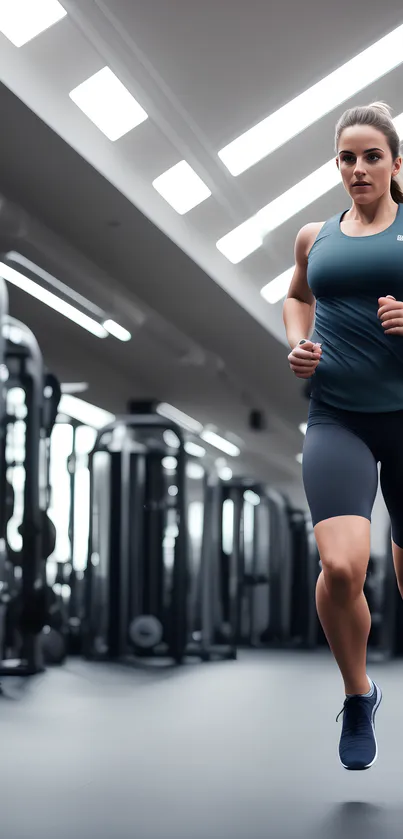 Woman jogging in a modern gym, highlighting fitness and motivation.