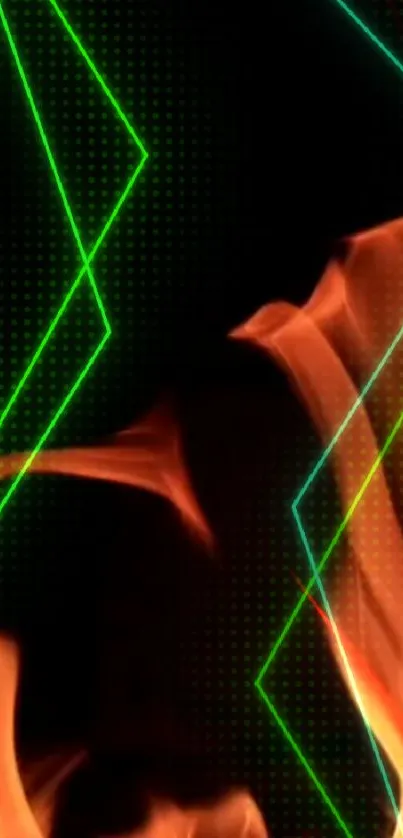 Dynamic wallpaper with flames and neon lines on a dark background.