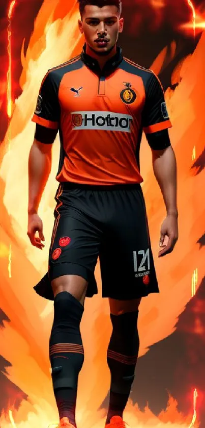 Dynamic football player with fiery backdrop.