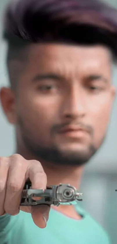 Image of a man holding a camera with a blurred background, intense focus on expression.