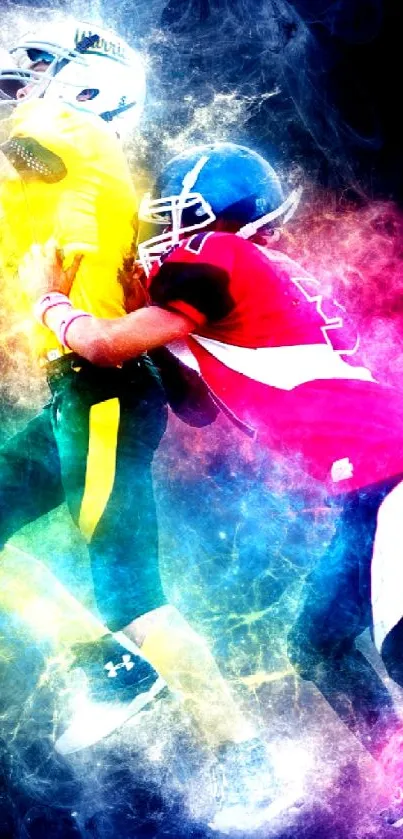 Vibrant football action art wallpaper with smoky colors.