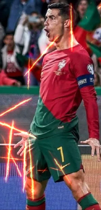 Football player celebrating on field in vibrant red and green jersey.