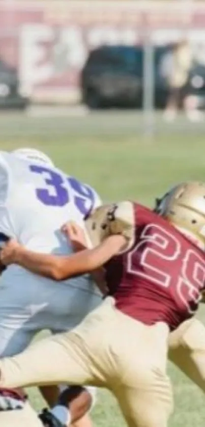 Football players captured in dynamic action on the field.