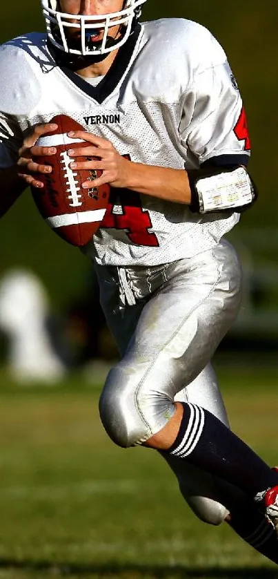 Football player in dynamic action on the field, showcasing skill and movement.