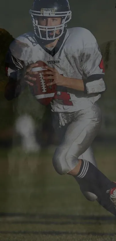 Football player running with the ball on the field.