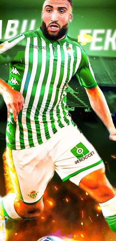 Vibrant football action mobile wallpaper with player in green jersey.