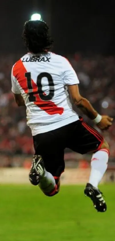 Soccer player mid-air in a packed stadium.