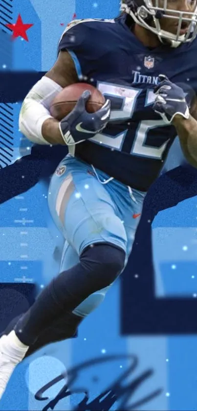 Football player in action on blue-themed mobile wallpaper.