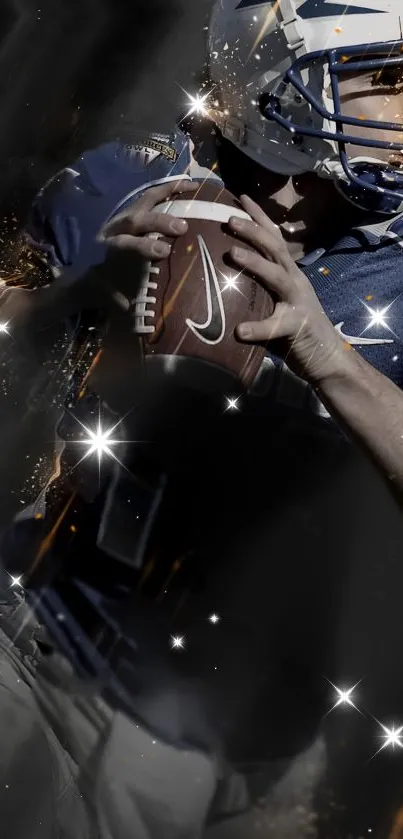 Football player in action with sparkling effects on a dark themed wallpaper.