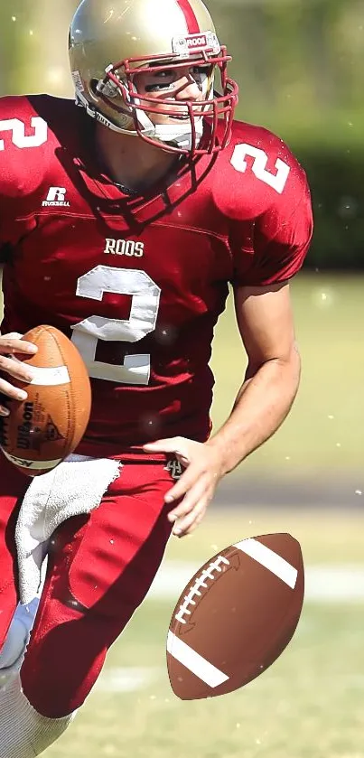 Football player in red jersey running with ball.