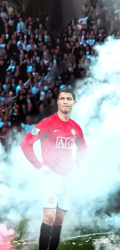 Football player surrounded by smoke on field.