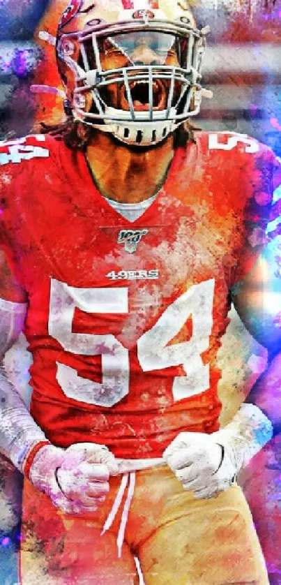 Dynamic watercolor art of a football player in a vibrant red jersey.