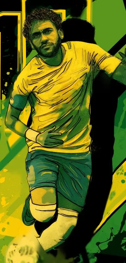 Dynamic football player art wallpaper in green and yellow tones.