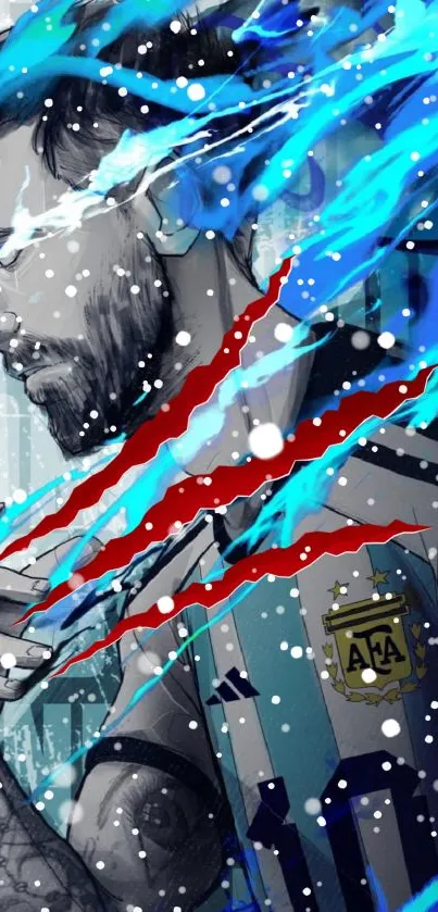 Dynamic football art with blue energy streaks and animated player design.