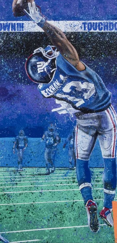 Football player makes an impressive catch on a vibrant blue field.