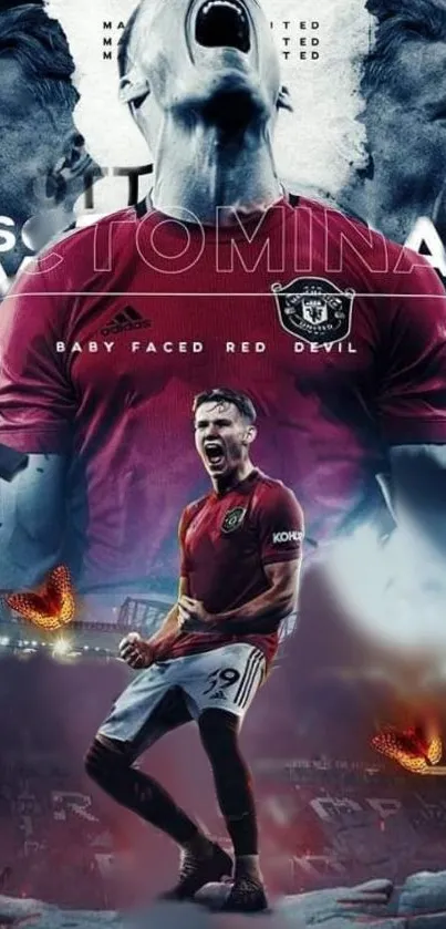 Footballer in red jersey passionately celebrating on dynamic wallpaper.