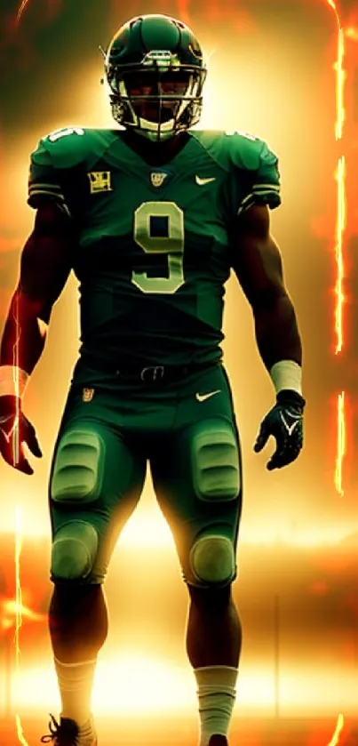 Silhouetted football player in green jersey with glowing orange backdrop.