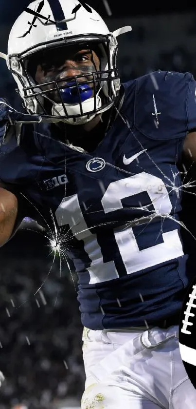 Football player in dark blue jersey in action, intense expression.