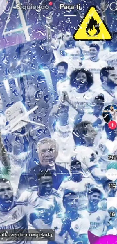 Dynamic football team celebration art with vibrant blue hues.