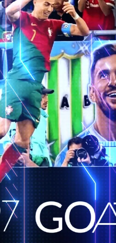 Football celebration with vibrant colors and dynamic action art.