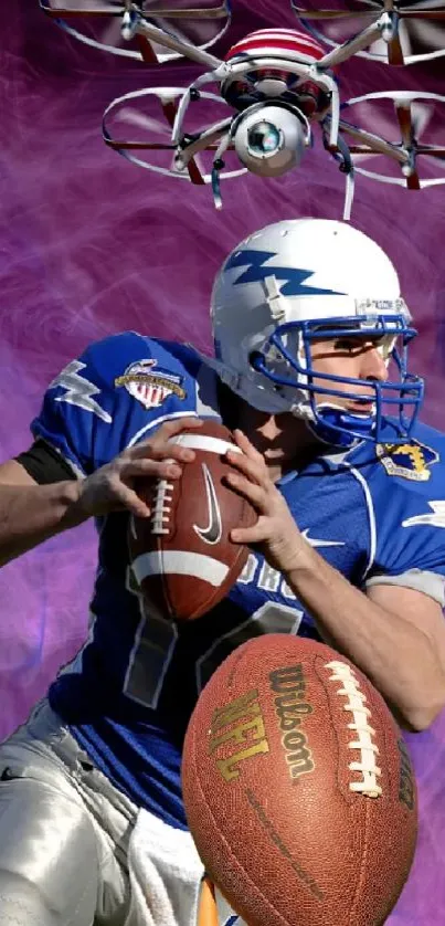 Football player with drone and purple smoke background.