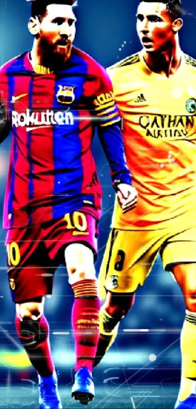 Football players in dynamic pose with vibrant colors.