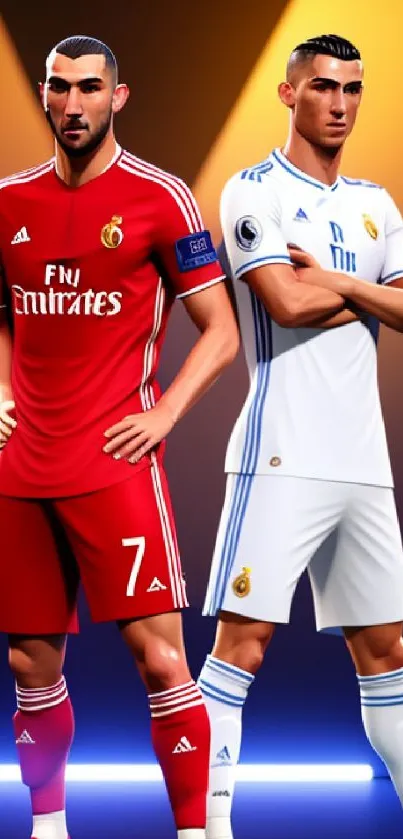 Two football players in red and white kits stand confidently in dramatic lighting.