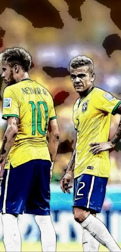 Dynamic football duo in yellow jerseys on field, vibrant wallpaper art.