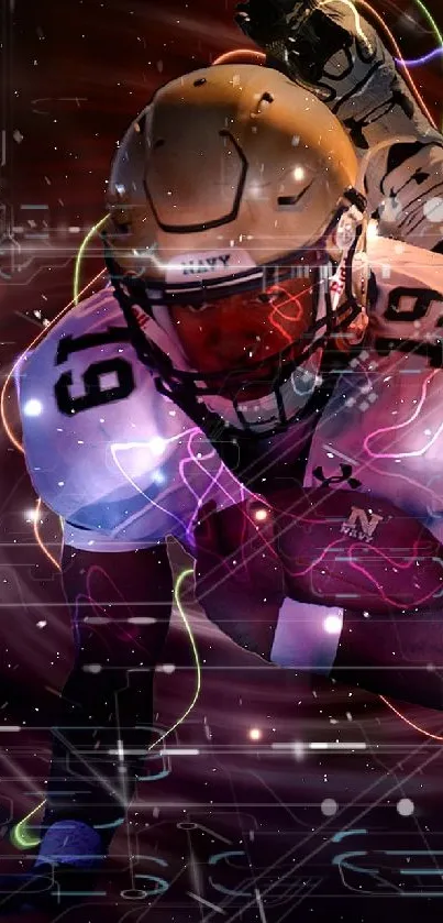 Football player in action with dynamic glowing effects.