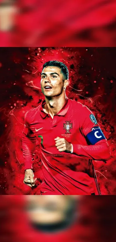 Football star in red jersey with vibrant background.