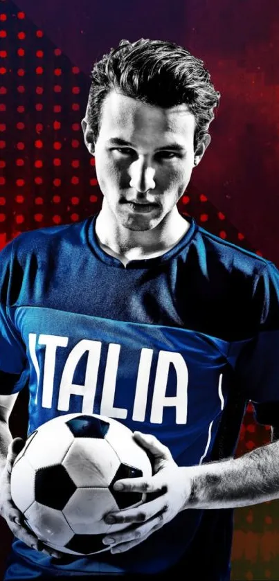 Dynamic football player with Italy jersey on vibrant red background.