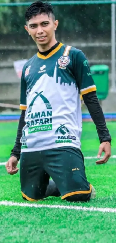 Football player kneeling on green field in sporty attire.