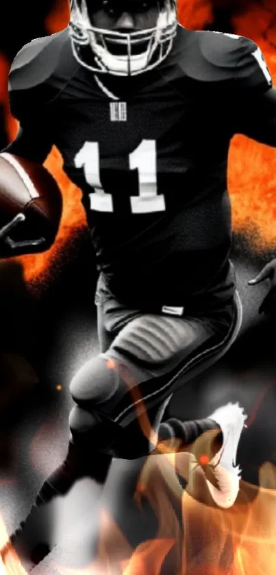 Football player running through fiery background with a dark jersey.