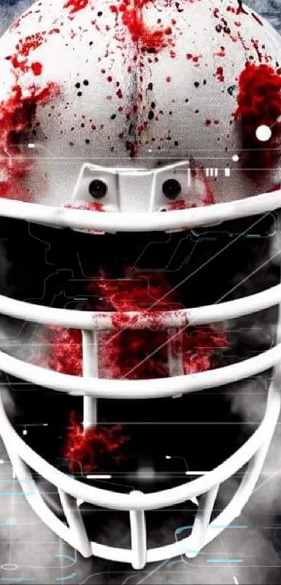 White football helmet with red splashes and smoke.