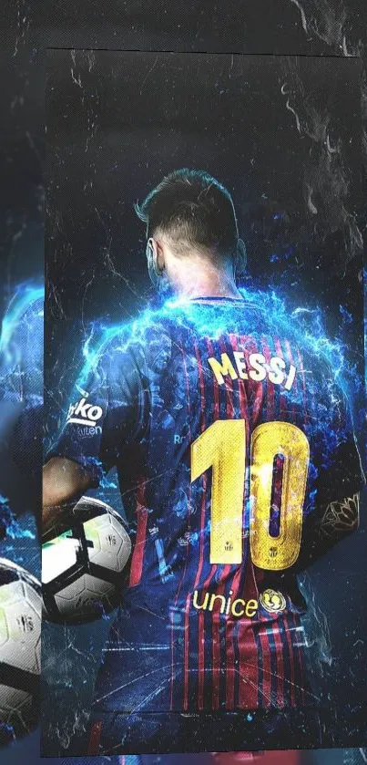 Football player number 10 with blue energy aura in sports wallpaper.