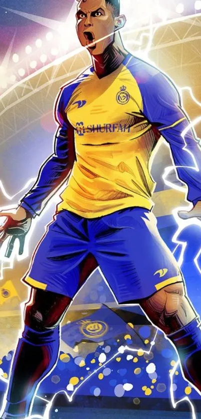 Illustration of a dynamic football player in a vibrant stadium setting.