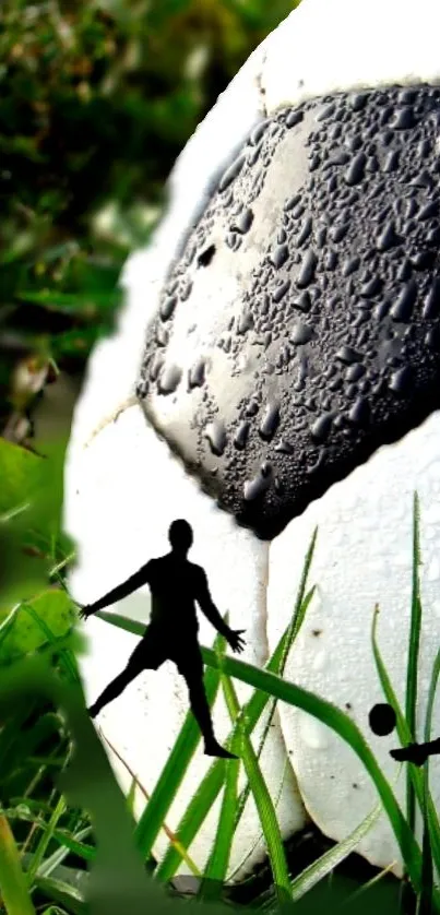 Soccer ball with dew and player silhouettes on grass.