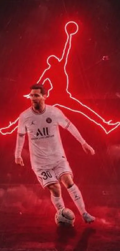 Footballer in action with red neon silhouette on a dynamic background.