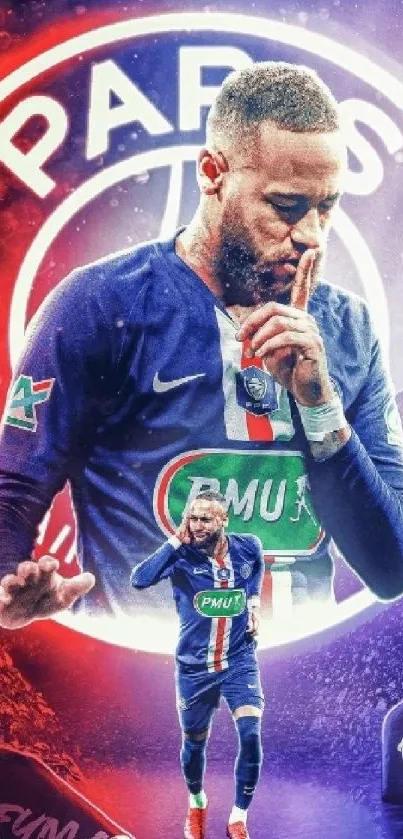 Mobile wallpaper of a football player in a Paris jersey with dynamic colors.