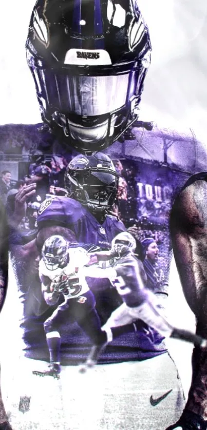 Football player artwork with vibrant purple tones.