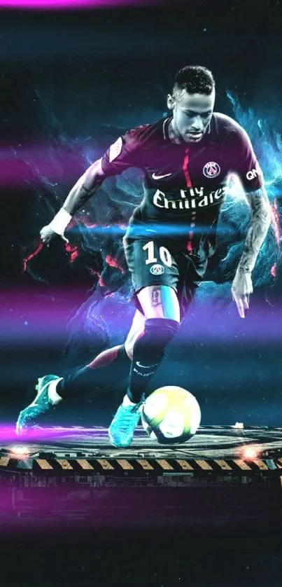 Dynamic football player in cosmic-themed digital art.